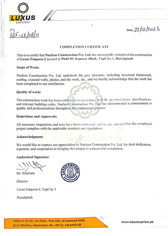 Completion certificate, Askari Tower III